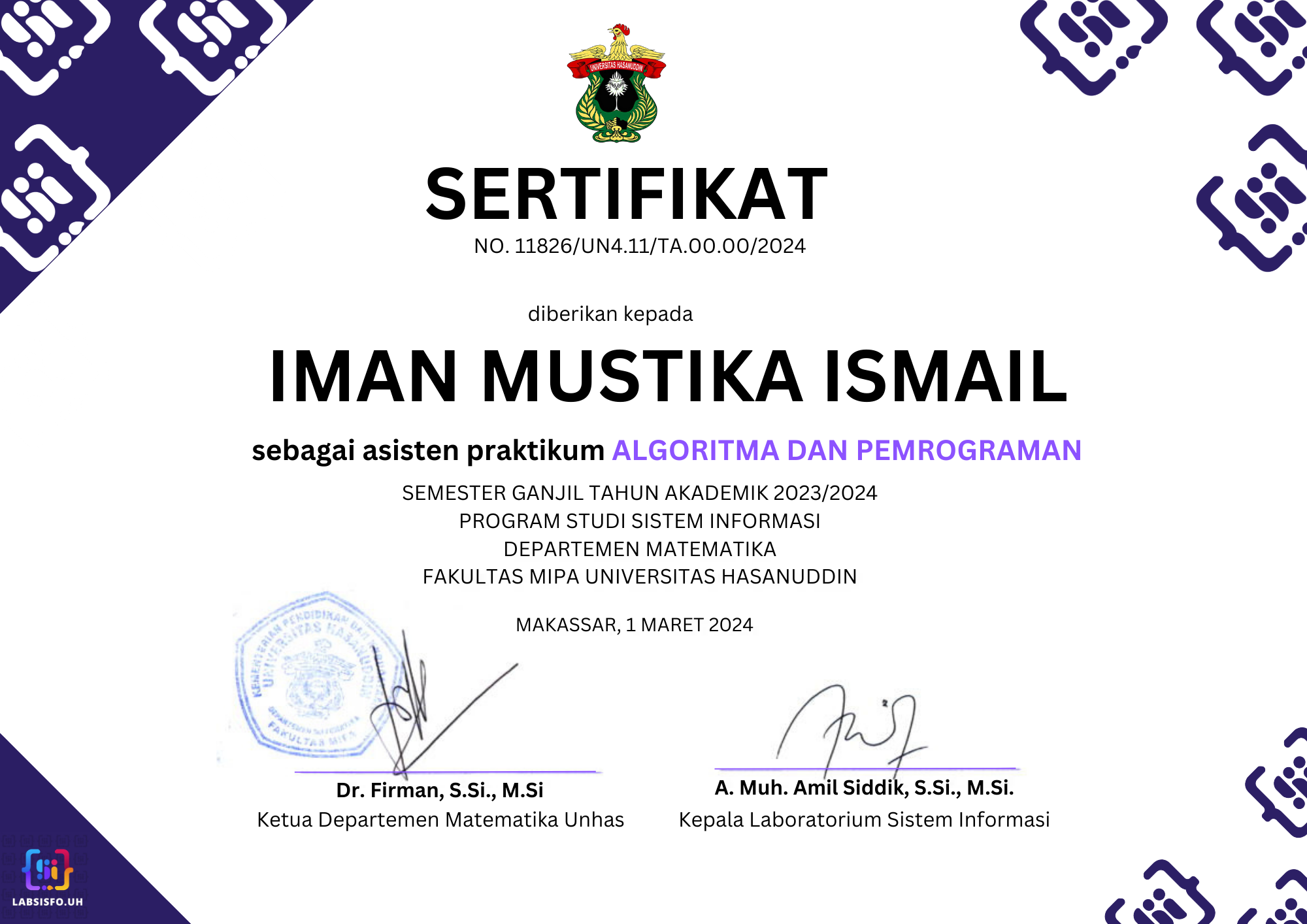 Algorithm and Programming Lab Assistant Certificate